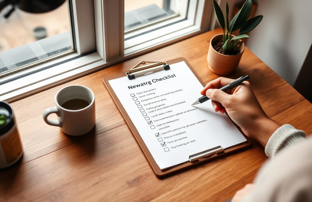 Clipboard with a new hire onboarding checklist on a sunlit desk