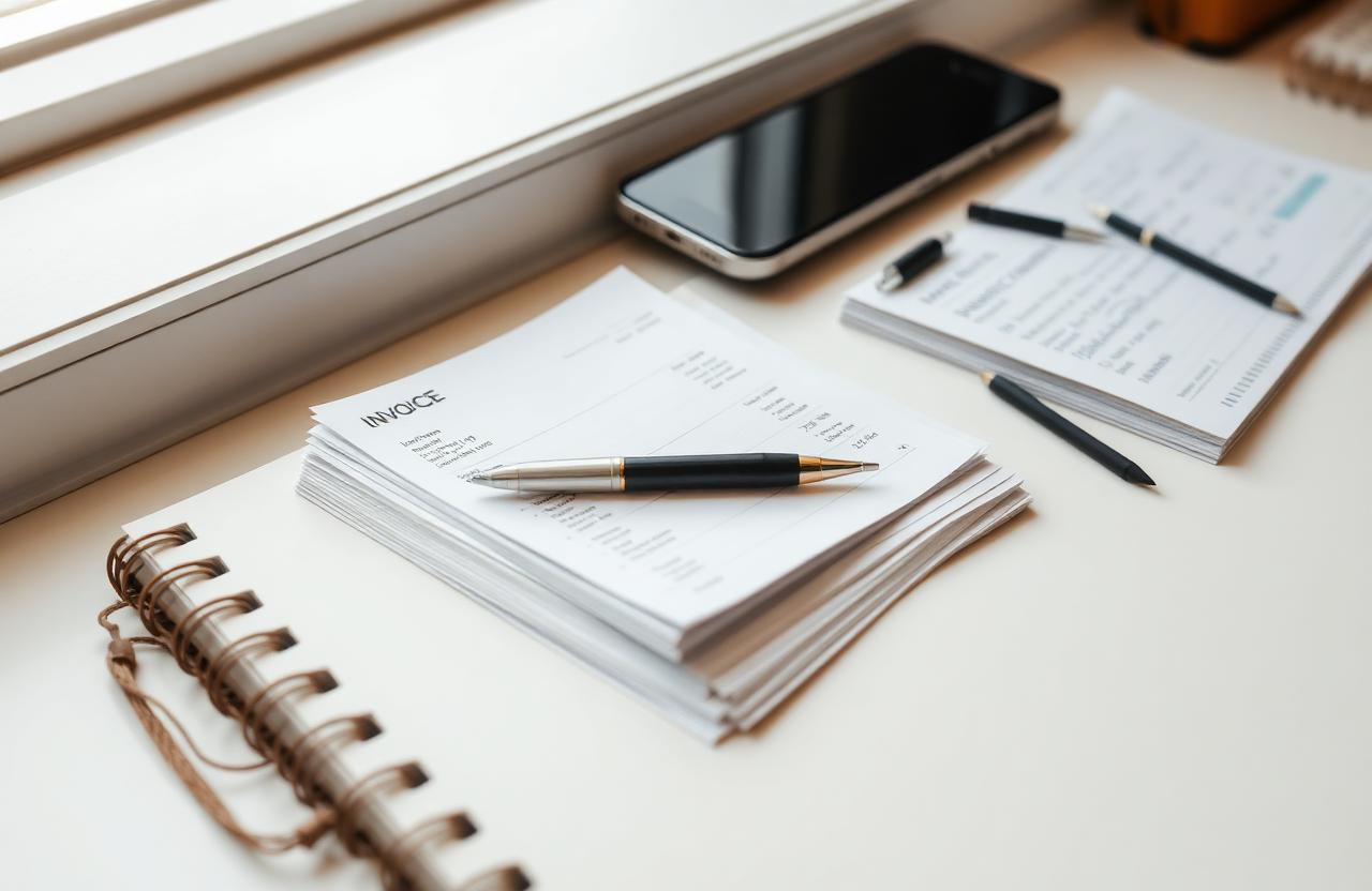 Stack of invoices with handwritten follow-up notes beside a phone