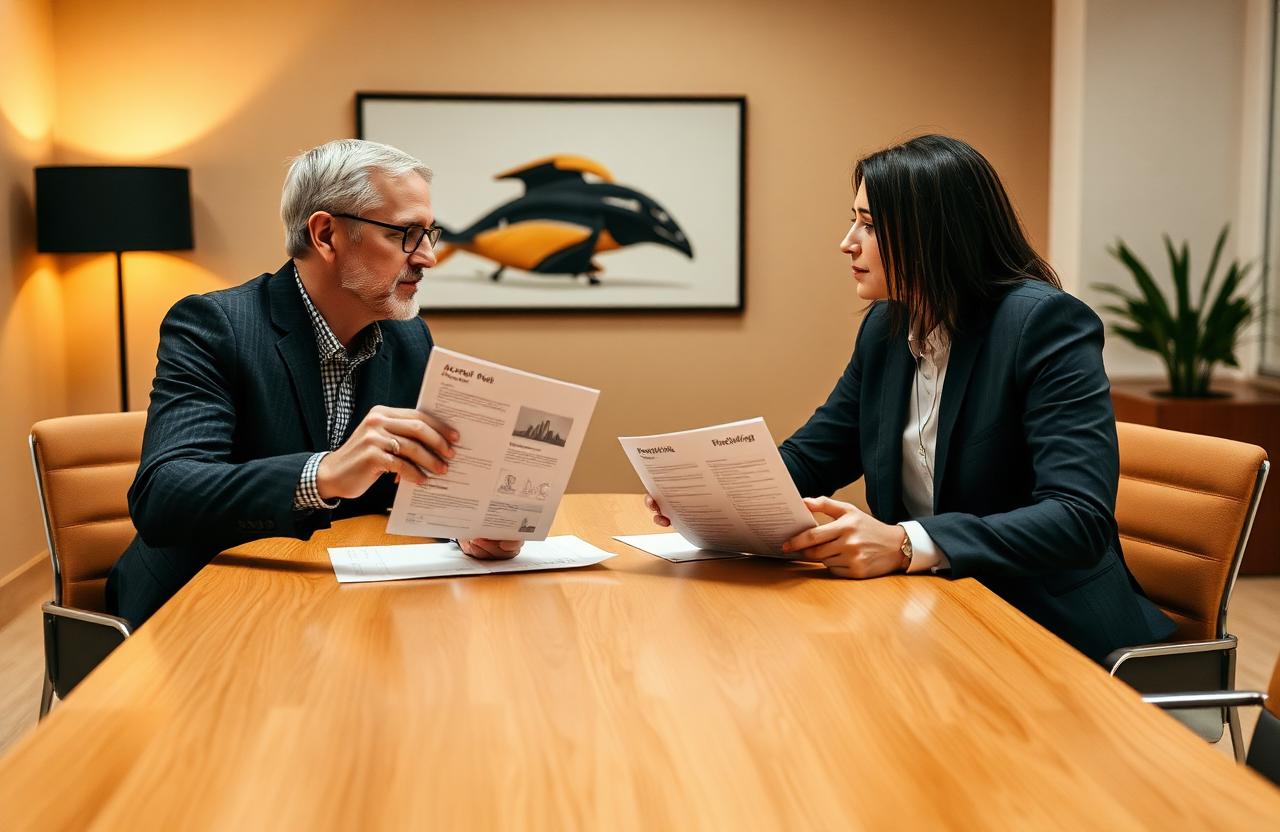 Account brief being handed across a meeting table