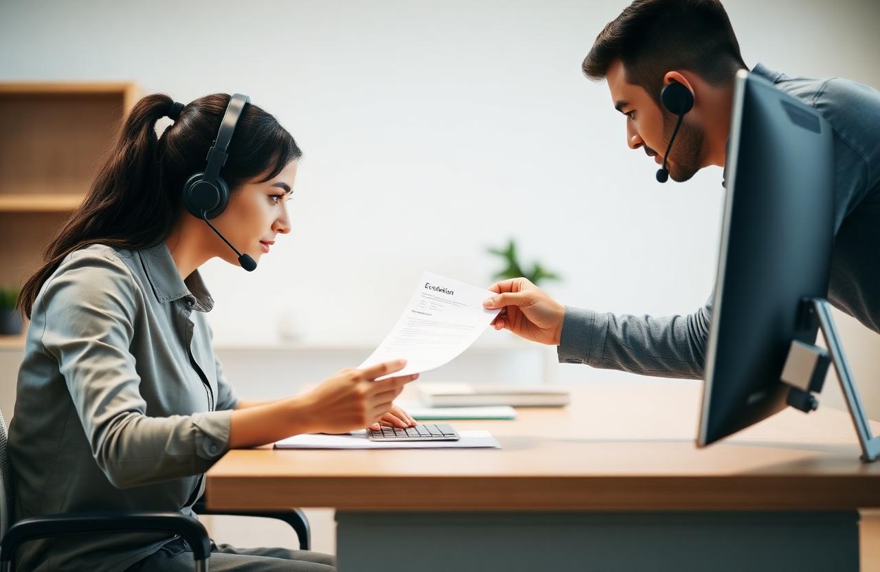 Support specialist passing an escalation note to a colleague