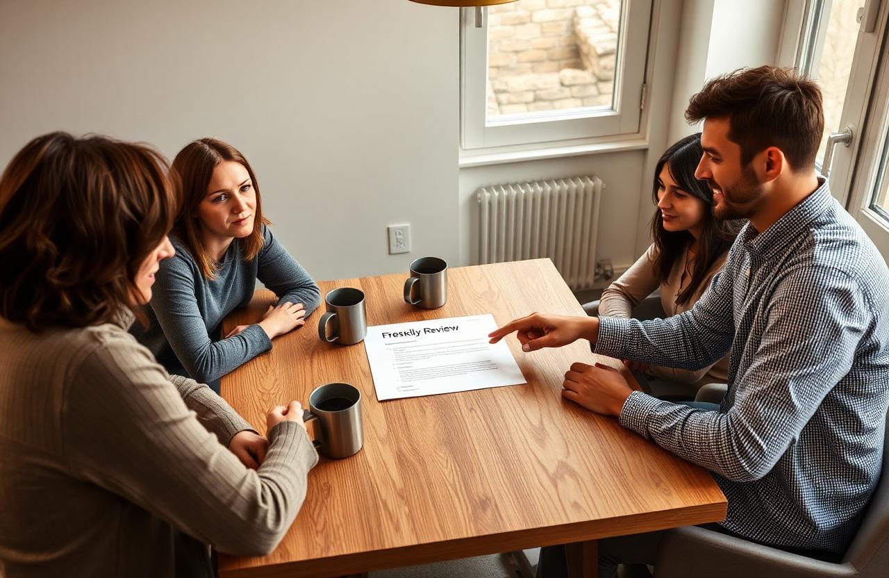Remote team gathered around a printed weekly review document